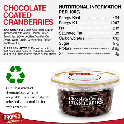 Tropgo Chocolate Cranberries 150gm Chocolate Tub - Non-GMO Cranberries Coated in Dark Chocolates - Ready-to-Eat Choco Snacks