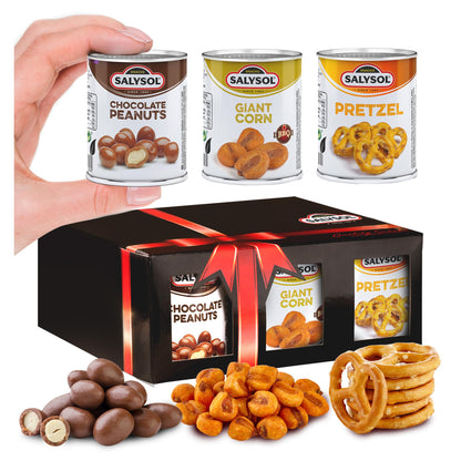 Salysol 6 Pack Mini Can Gift Snack Variety – 2 Salted Pretzel 25g, 2 BBQ Giant Corn 30g, 2 Chocolate Peanuts 50g – Gift Box Snack Set for Men and Women