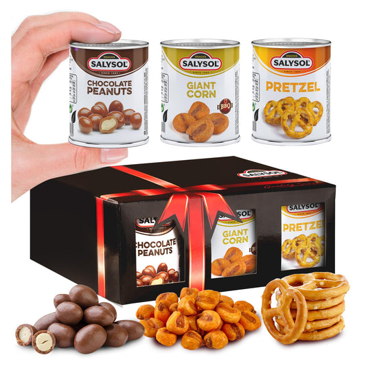 Salysol 6 Pack Mini Can Gift Snack Variety – 2 Salted Pretzel 25g, 2 BBQ Giant Corn 30g, 2 Chocolate Peanuts 50g – Gift Box Snack Set for Men and Women