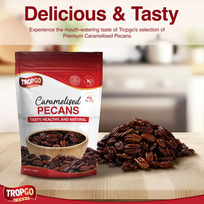 Tropgo Caramelised Pecans 100g Resealable Bag – Crunchy Glazed Nuts with Sweet Golden Coating – Pecan Nuts for Snacking, Baking & Salad Topping - Gifting Choice for Hampers or Celebrations