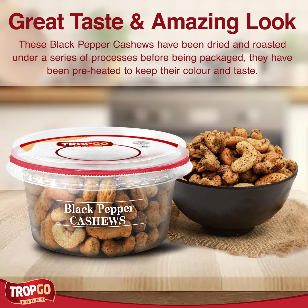 Roasted Salted Black Pepper Cashews - Healthy Flavoured Nuts in a Resealable and Recyclable Tub - Parent