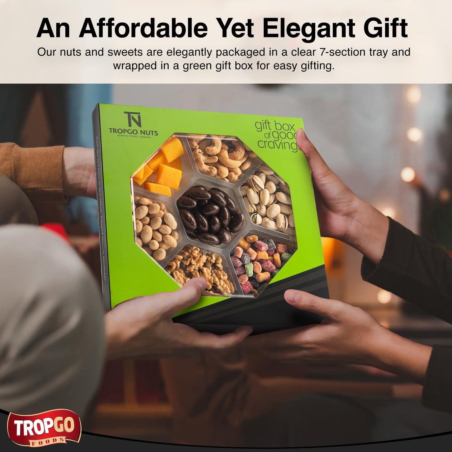 Tropgo 7 Sections Mixed Nuts & Chocolate Gift Box (Green) – Snack Gift with Pistachios, Cashews, Peanuts, Mango Mini Cubes & Bites, Walnuts & Chocolate Almonds