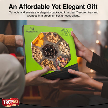 Tropgo 7 Sections Mixed Nuts & Chocolate Gift Box (Green) – Snack Gift with Pistachios, Cashews, Peanuts, Mango Mini Cubes & Bites, Walnuts & Chocolate Almonds