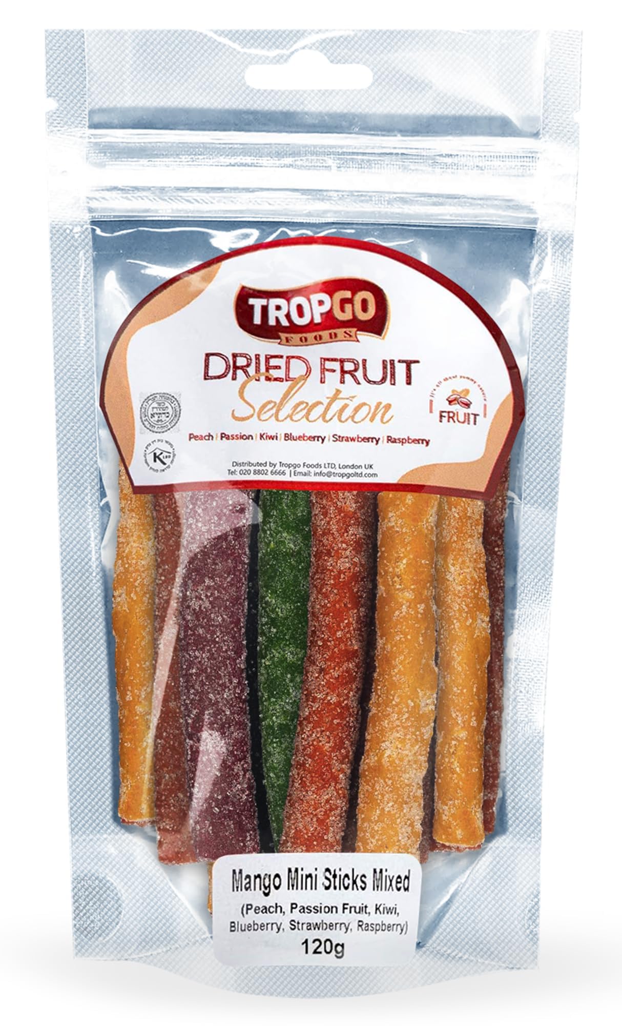 Tropgo Fruity Chewy Mini Sticks | Sugar-Coated Fruit-Flavoured Snack | Peach, Passion Fruit, Kiwi, Blueberry, Strawberry & Raspberry | 120g