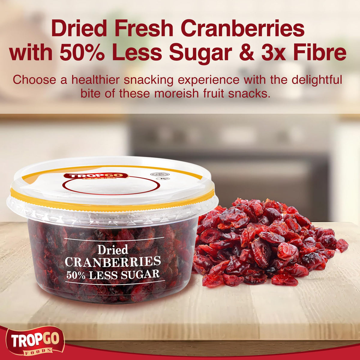 Tropgo Dried Cranberries 50% Less Sugar 190g - Dried Fruit in Resealable and Recyclable Tub - Quick Energy Boost & Wholesome Trail Mix - Ready-to-Eat Dehydrated Fruit Snacks for Kids and Adults