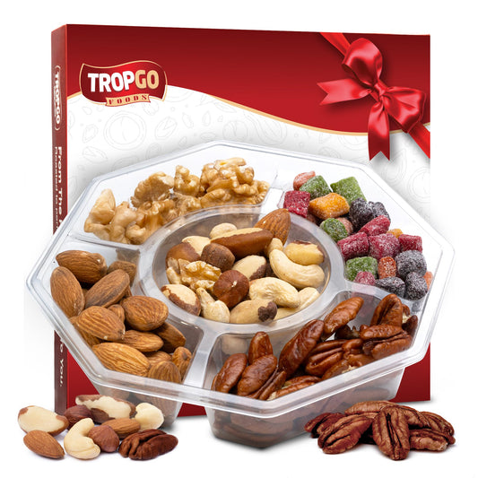 Tropgo 5 Sections Mixed Nuts Gift Set – Snacks Treat Gift with Almonds, Walnuts, Cashews, Raw Pecans & Sweet Mini Mango Cubes – Mixed Nuts Snacks