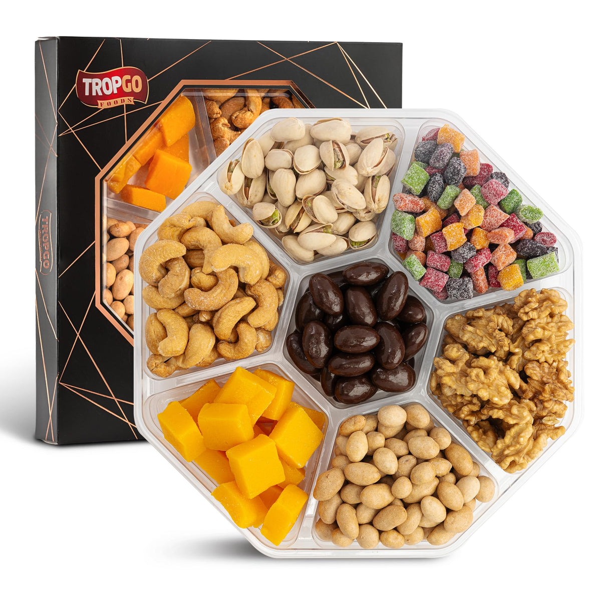 Tropgo 7 Sections Mixed Nuts & Chocolate Gift Box (Black) – Box Treat with Pistachios, Cashews, Peanuts, Mango Mini Cubes & Mango Bites, Walnuts & Chocolate Almonds - Couple Gifts Snack Box