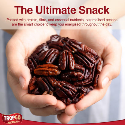 Tropgo Caramelised Pecans 100g Resealable Bag – Crunchy Glazed Nuts with Sweet Golden Coating – Pecan Nuts for Snacking, Baking & Salad Topping - Gifting Choice for Hampers or Celebrations