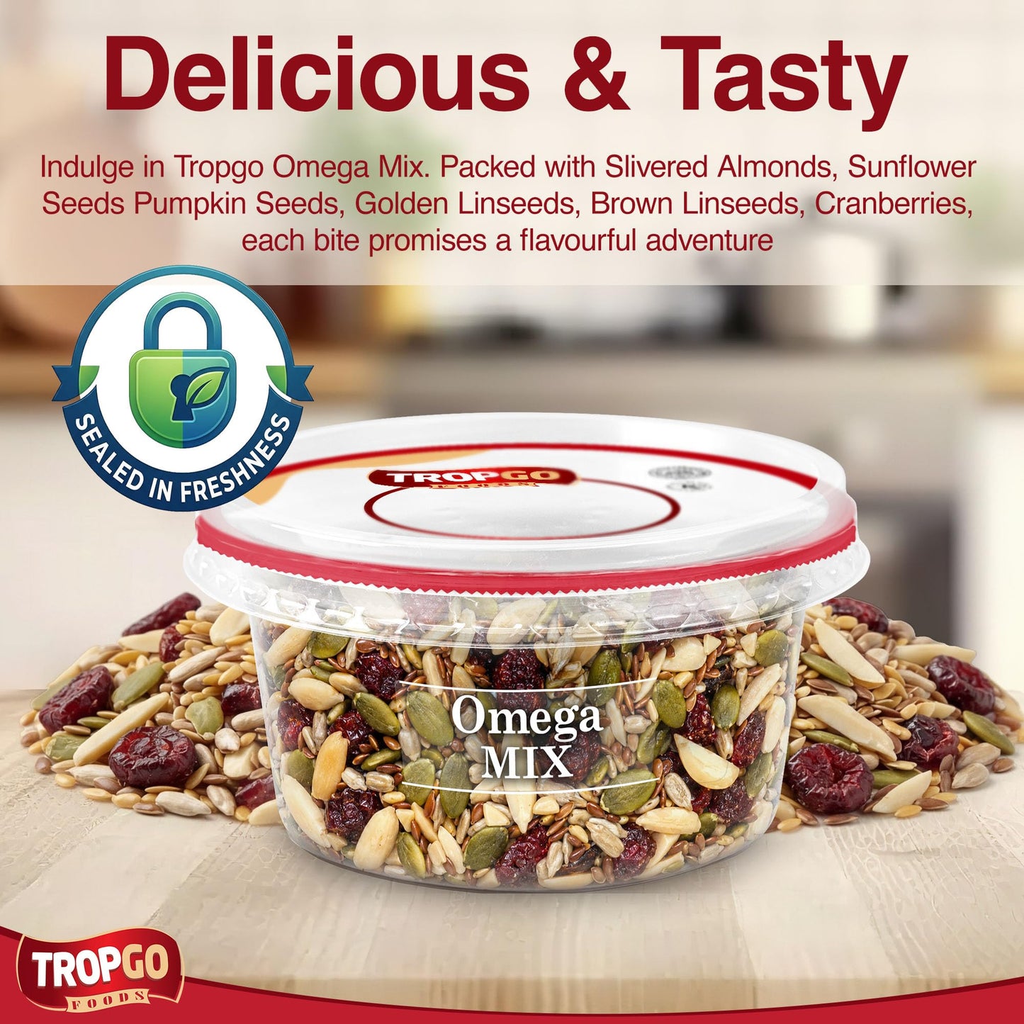 Tropgo Omega Mix 200g - Premium Nuts, Seeds, and Dried Fruit in Resealable and Recyclable Tub - Parent
