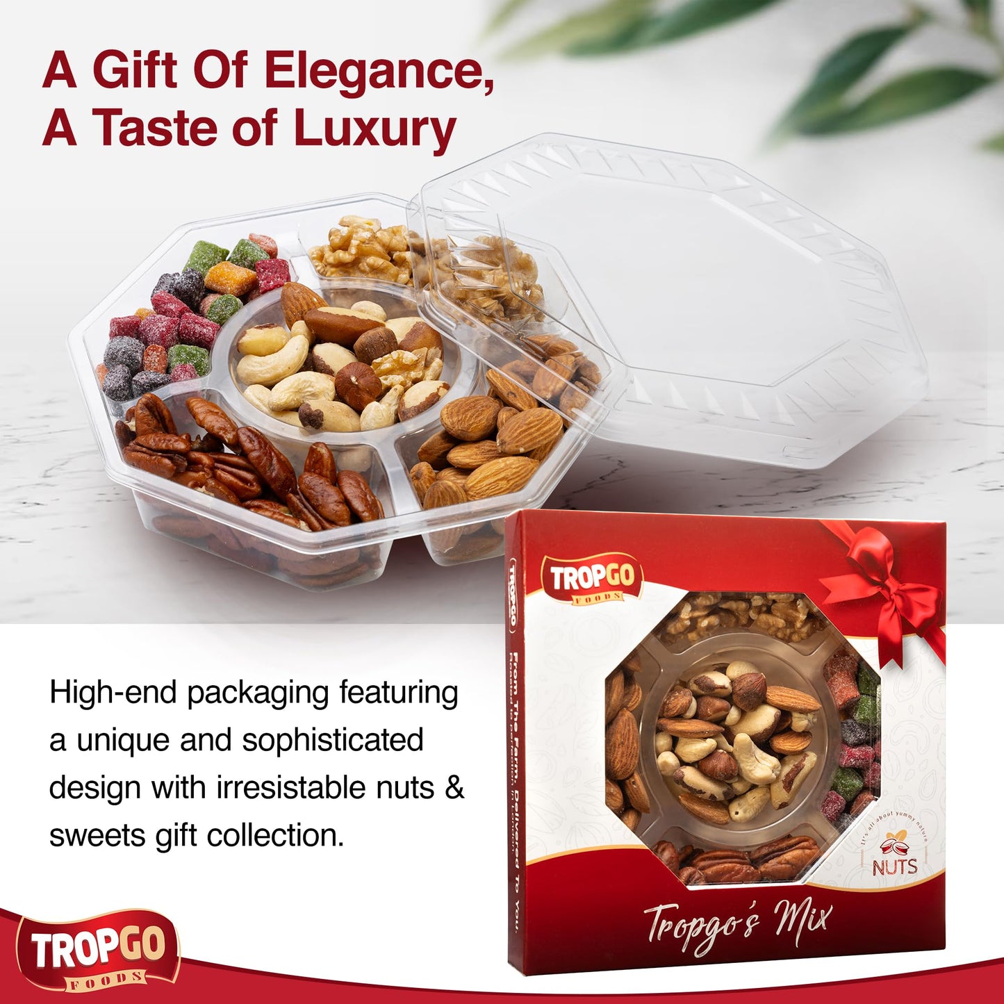 Tropgo 5 Sections Mixed Nuts Gift Set – Delicious Almonds, Walnuts, Cashews, Sweet Mango Cubes & Raw Pecans Mixed Nuts Snacks – Red Congratulations Card Snack Box