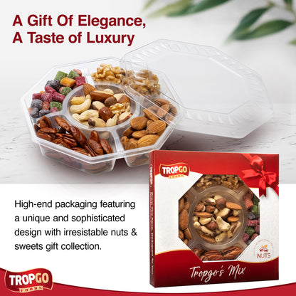 Tropgo 5 Sections Mixed Nuts Gift Set – Delicious Almonds, Walnuts, Cashews, Sweet Mango Cubes & Raw Pecans Mixed Nuts Snacks – Red Congratulations Card Snack Box