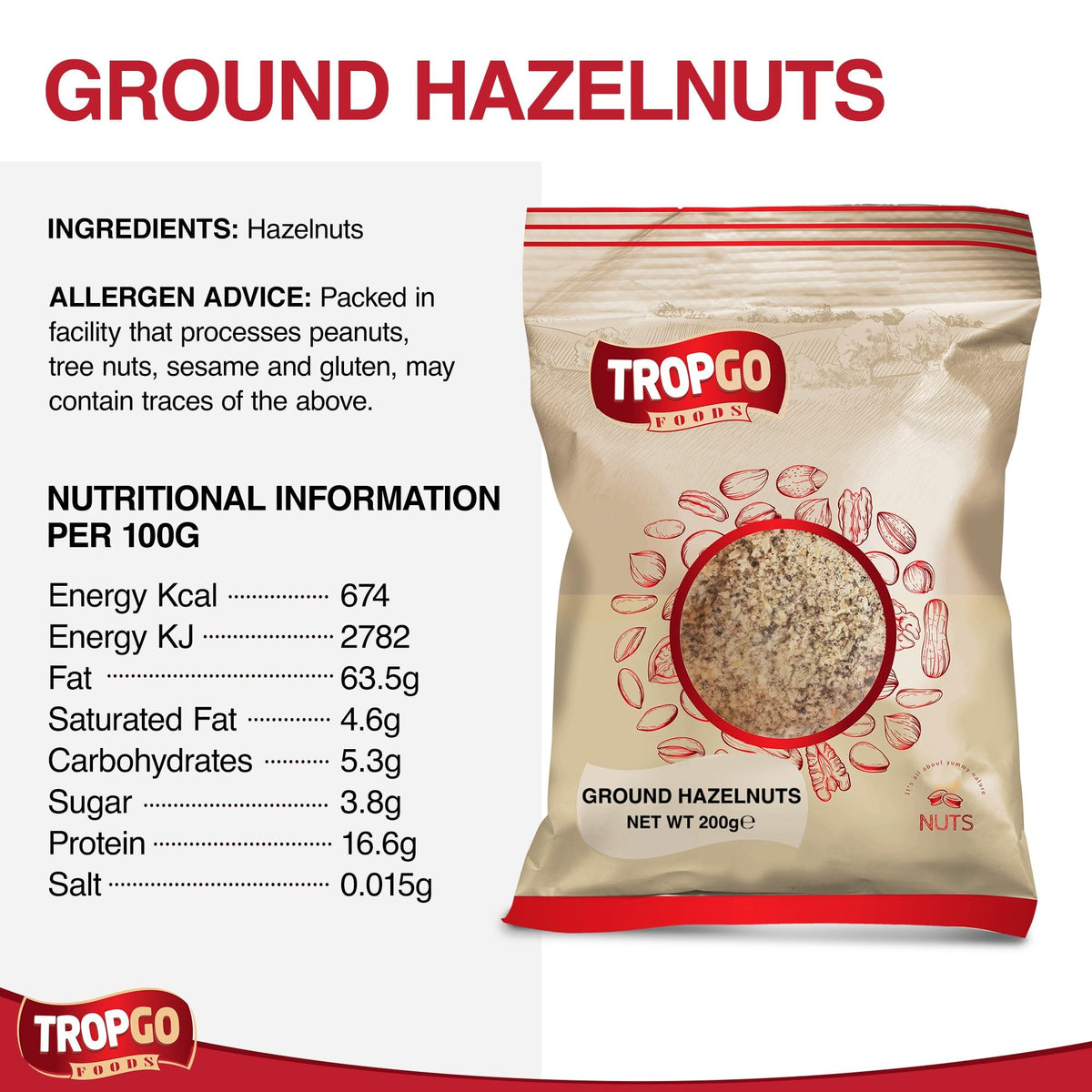 Tropgo Ground Hazelnuts 2 x 200g - Premium Hazelnuts in Resealable Bag - Healthy Snacks with Fibre, Protein, and Minerals - Kosher Hazelnuts Ideal for Cooking & Baking
