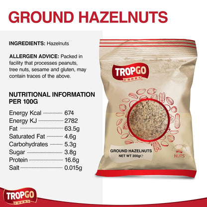Tropgo Ground Hazelnuts 2 x 200g - Premium Hazelnuts in Resealable Bag - Healthy Snacks with Fibre, Protein, and Minerals - Kosher Hazelnuts Ideal for Cooking & Baking