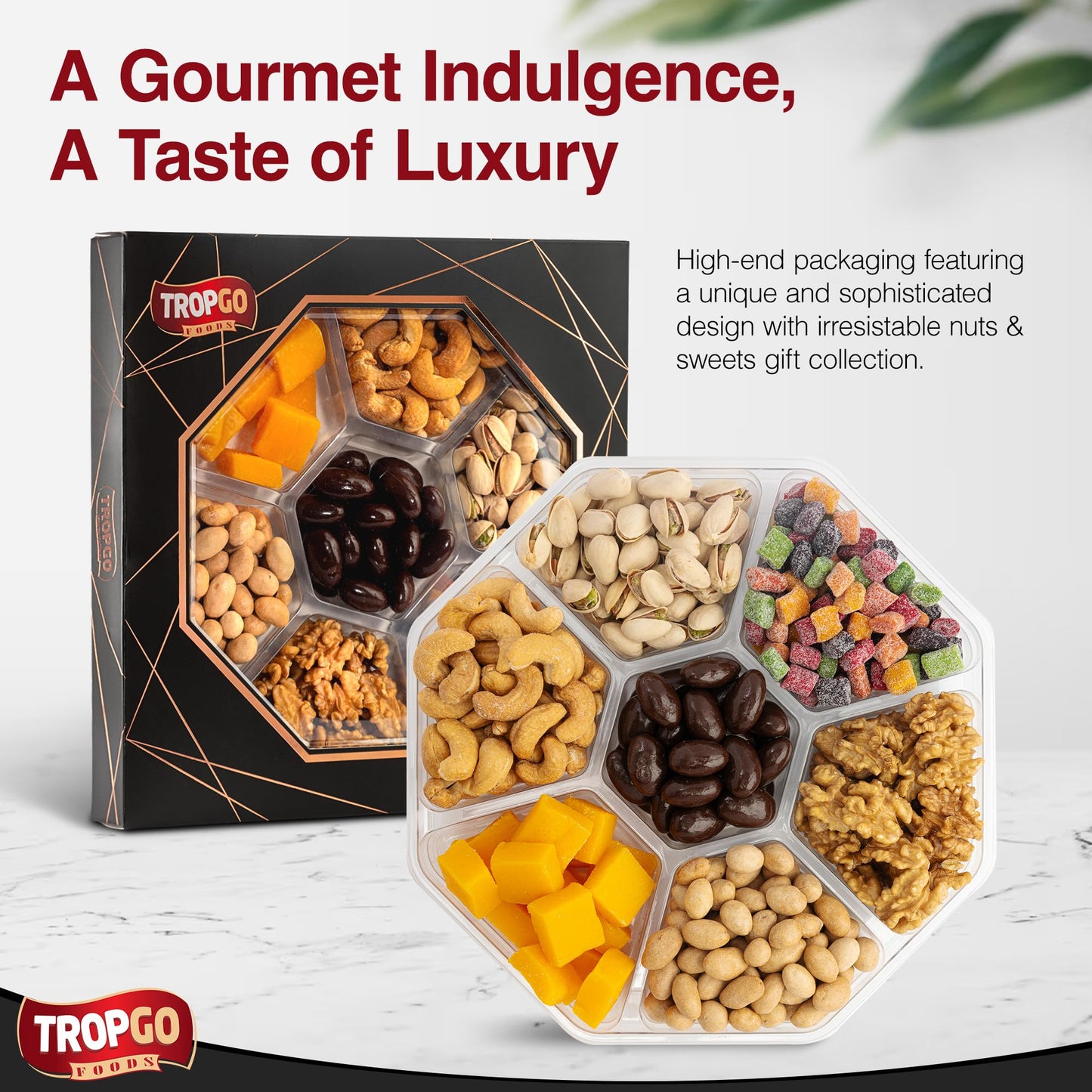 Tropgo 7 Sections Mixed Nuts & Chocolate Gift Box (Black) – Box Treat with Pistachios, Cashews, Peanuts, Mango Mini Cubes & Mango Bites, Walnuts & Chocolate Almonds - Couple Gifts Snack Box