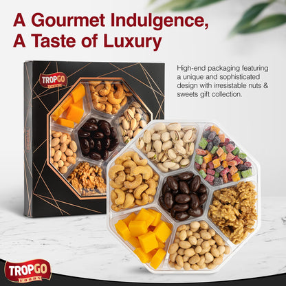 Tropgo 7 Sections Mixed Nuts & Chocolate Gift Box (Black) – Box Treat with Pistachios, Cashews, Peanuts, Mango Mini Cubes & Mango Bites, Walnuts & Chocolate Almonds - Couple Gifts Snack Box