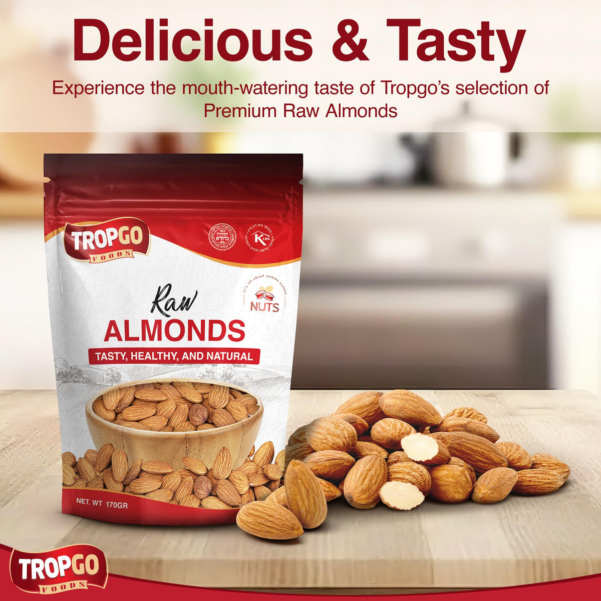 Tropgo Raw Almonds 170g – Whole Natural Non-GMO Unsalted Nuts for Snacking, Baking and Cooking - Delicious, Plant-Based Protein - Almond Nuts in Resealable Bag