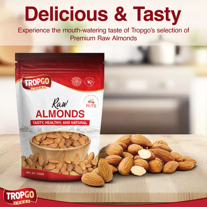 Tropgo Raw Almonds 170g – Whole Natural Non-GMO Unsalted Nuts for Snacking, Baking and Cooking - Delicious, Plant-Based Protein - Almond Nuts in Resealable Bag
