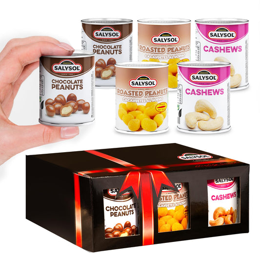 Salysol Snacks Nuts Chocolate Peanuts, Spicy Peanuts, Cashews 6 x 50g Cans - Chocolate Gift Box - Delicious Pure Natural Nuts - Thoughtful Gift Sets for Men and Women