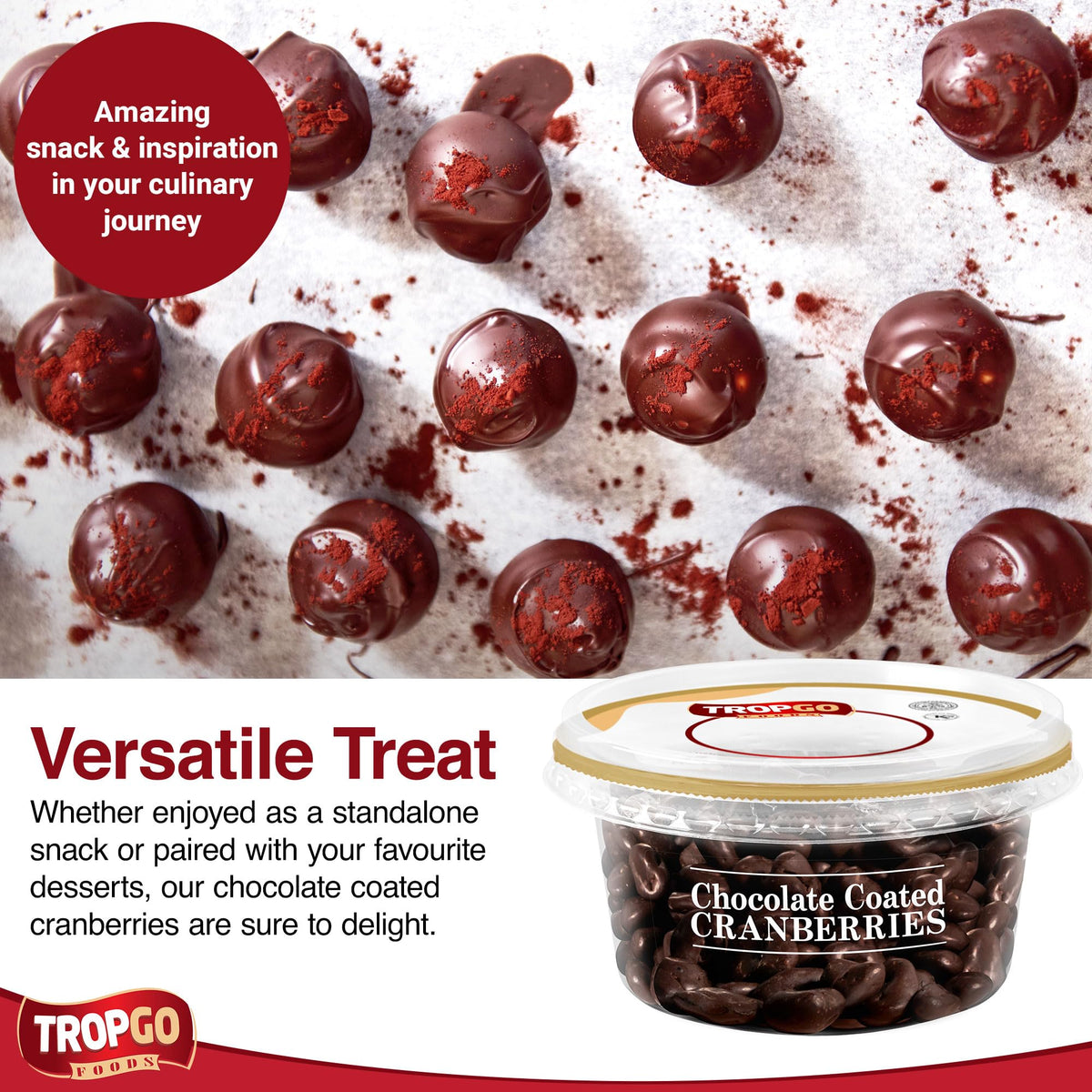 Tropgo Chocolate Cranberries 150gm Chocolate Tub - Non-GMO Cranberries Coated in Dark Chocolates - Ready-to-Eat Choco Snacks