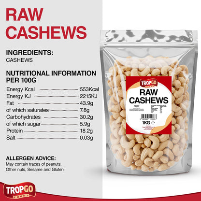 Tropgo 1kg Raw Cashew Nuts - Large & Tasty Cashews - Packed Fresh Premium Quality Cashew Nut - Healthy for the Heart, High in Fibre & Minerals - Perfect for Snacking