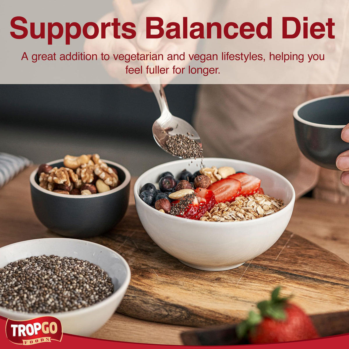 Tropgo Chia Seeds 1kg - Natural Superfood, High Fibre, Omega 3 Rich, Plant-Based Protein for Healthy Kids Smoothies, Baking, Breakfast & Toppings - Health Food Versatile Ingredient