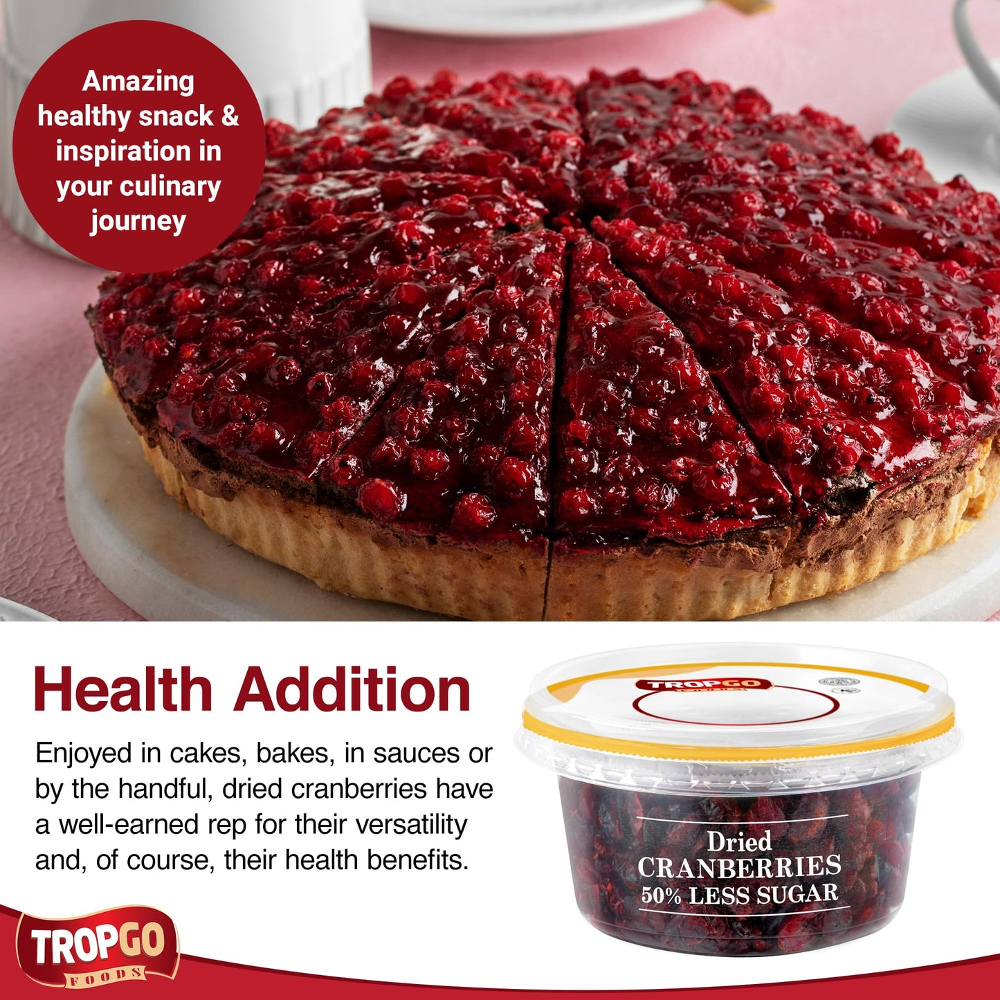 Tropgo Dried Cranberries 50% Less Sugar 190g - Dried Fruit in Resealable and Recyclable Tub - Quick Energy Boost & Wholesome Trail Mix - Ready-to-Eat Dehydrated Fruit Snacks for Kids and Adults