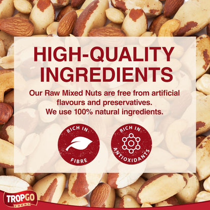Tropgo Raw Mixed Nuts - 1kg Nut Snacks - Packed Fresh, Healthy Jumbo Nuts with Fibre, Protein, and Minerals - Perfect Snacking - Includes Almonds, Brazil Nuts, Cashews, Peanuts, Walnuts & Hazelnuts