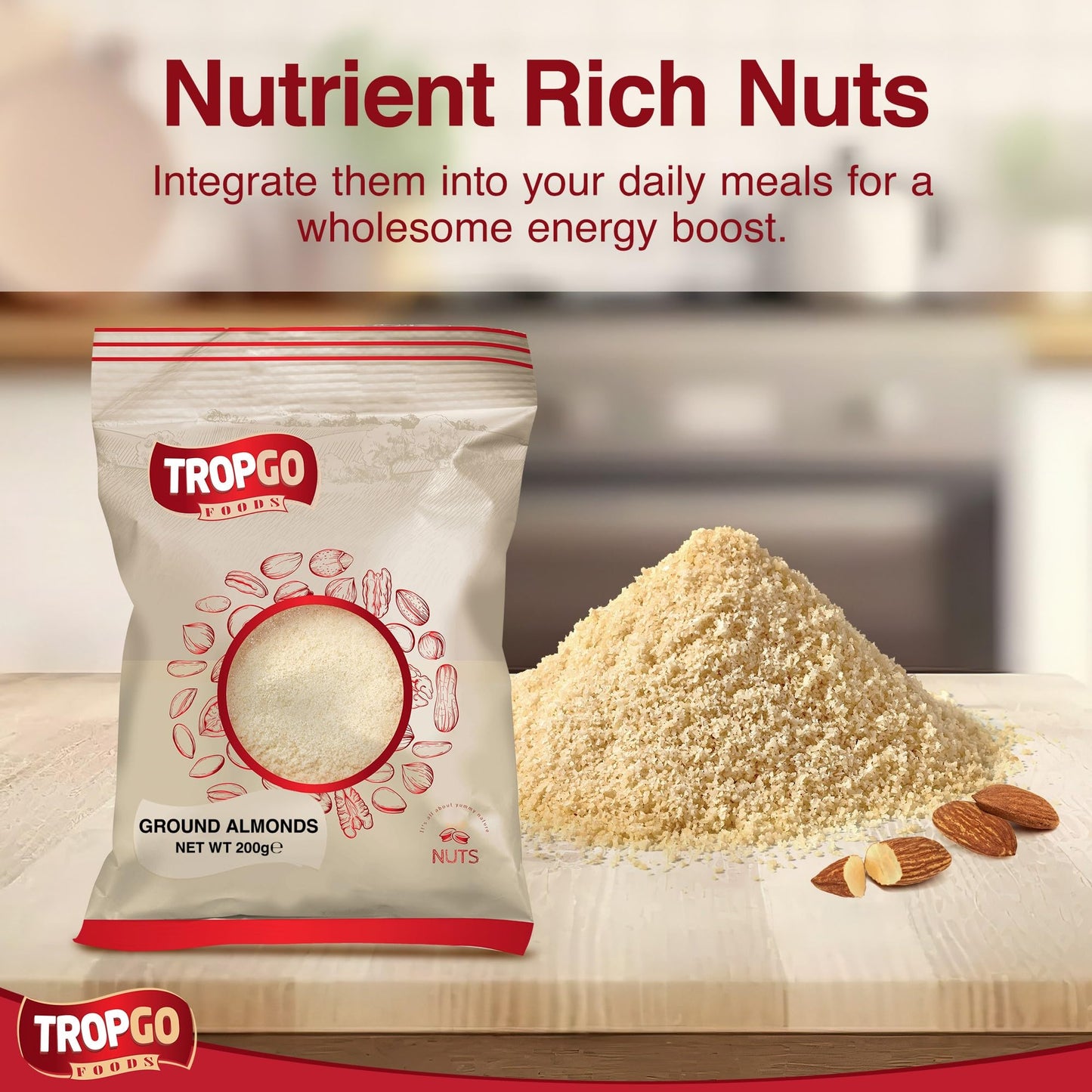 Tropgo Ground Almonds 2 x 200g - Premium Almonds in Resealable Bag - Healthy Snacks with Fibre, Protein, and Minerals - Kosher Almonds Ideal for Cooking & Baking
