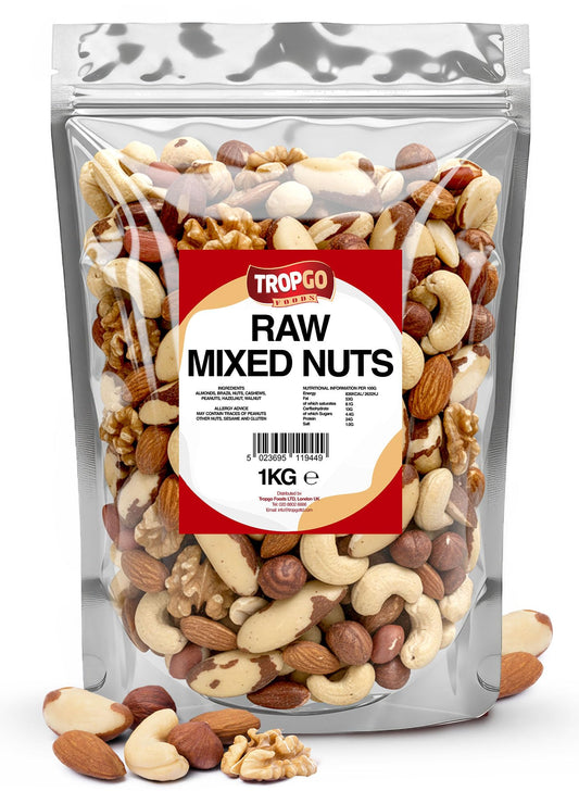 Tropgo Raw Mixed Nuts - 1kg Nut Snacks - Packed Fresh, Healthy Jumbo Nuts with Fibre, Protein, and Minerals - Perfect Snacking - Includes Almonds, Brazil Nuts, Cashews, Peanuts, Walnuts & Hazelnuts