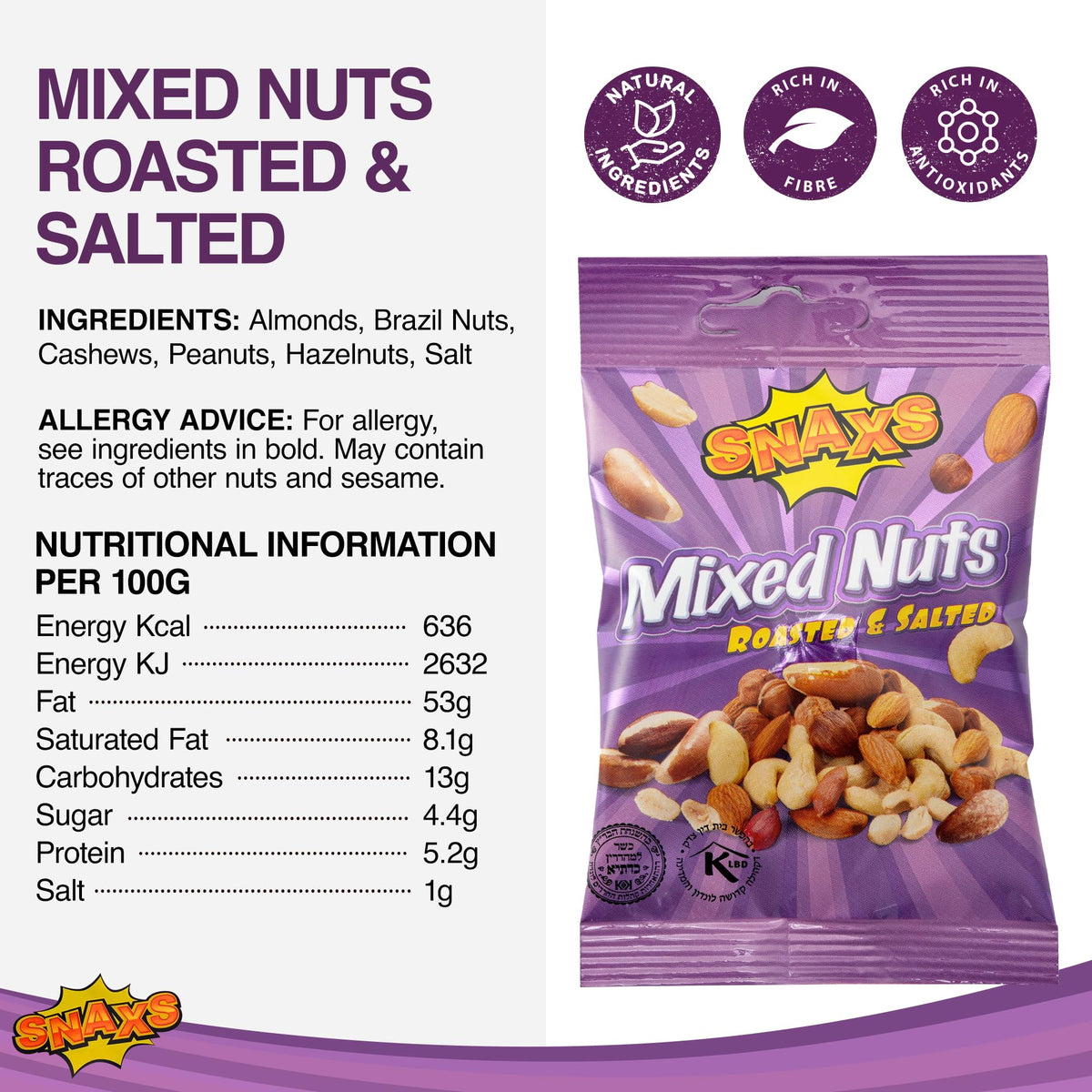 Snaxs Roasted Salted Mixed Nuts 12 x 40g - Almonds, Brazil, Cashews, Peanuts & Hazelnuts - Healthy Kosher Snack with Fibre, Protein & Minerals - Ideal for Snacking