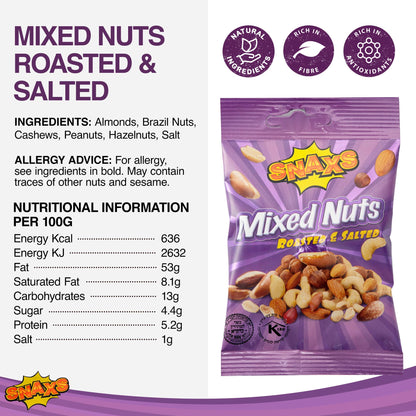 Snaxs Roasted Salted Mixed Nuts 12 x 40g - Almonds, Brazil, Cashews, Peanuts & Hazelnuts - Healthy Kosher Snack with Fibre, Protein & Minerals - Ideal for Snacking