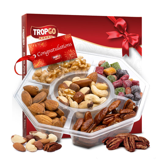 Tropgo 5 Sections Mixed Nuts Gift Set – Delicious Almonds, Walnuts, Cashews, Sweet Mango Cubes & Raw Pecans Mixed Nuts Snacks – Red Congratulations Card Snack Box
