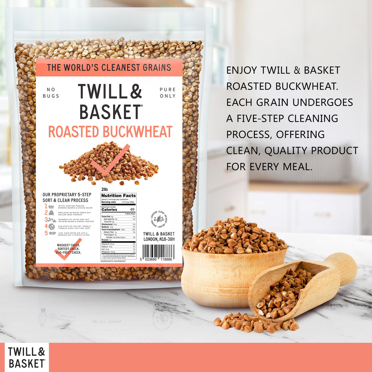 Twill & Basket Roasted Buckwheat 907g (2lb) - Buckwheat for Cooking, Salads, Soups, Porridge & Grain Bowls - Kosher Food, Vegan Meals, Non-GMO, Plant-Based Protein Source