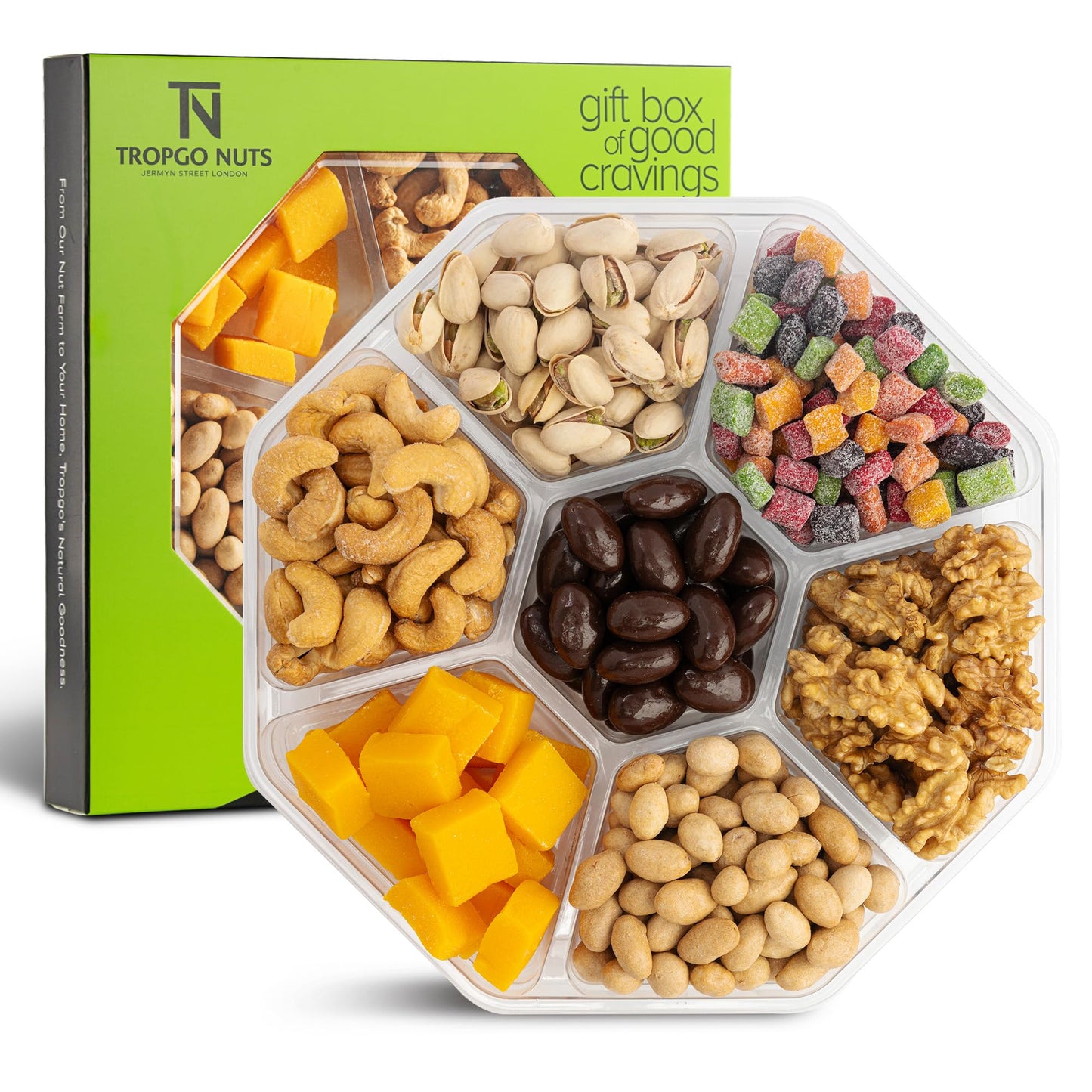 Tropgo 7 Sections Mixed Nuts & Chocolate Gift Box (Green) – Snack Gift with Pistachios, Cashews, Peanuts, Mango Mini Cubes & Bites, Walnuts & Chocolate Almonds