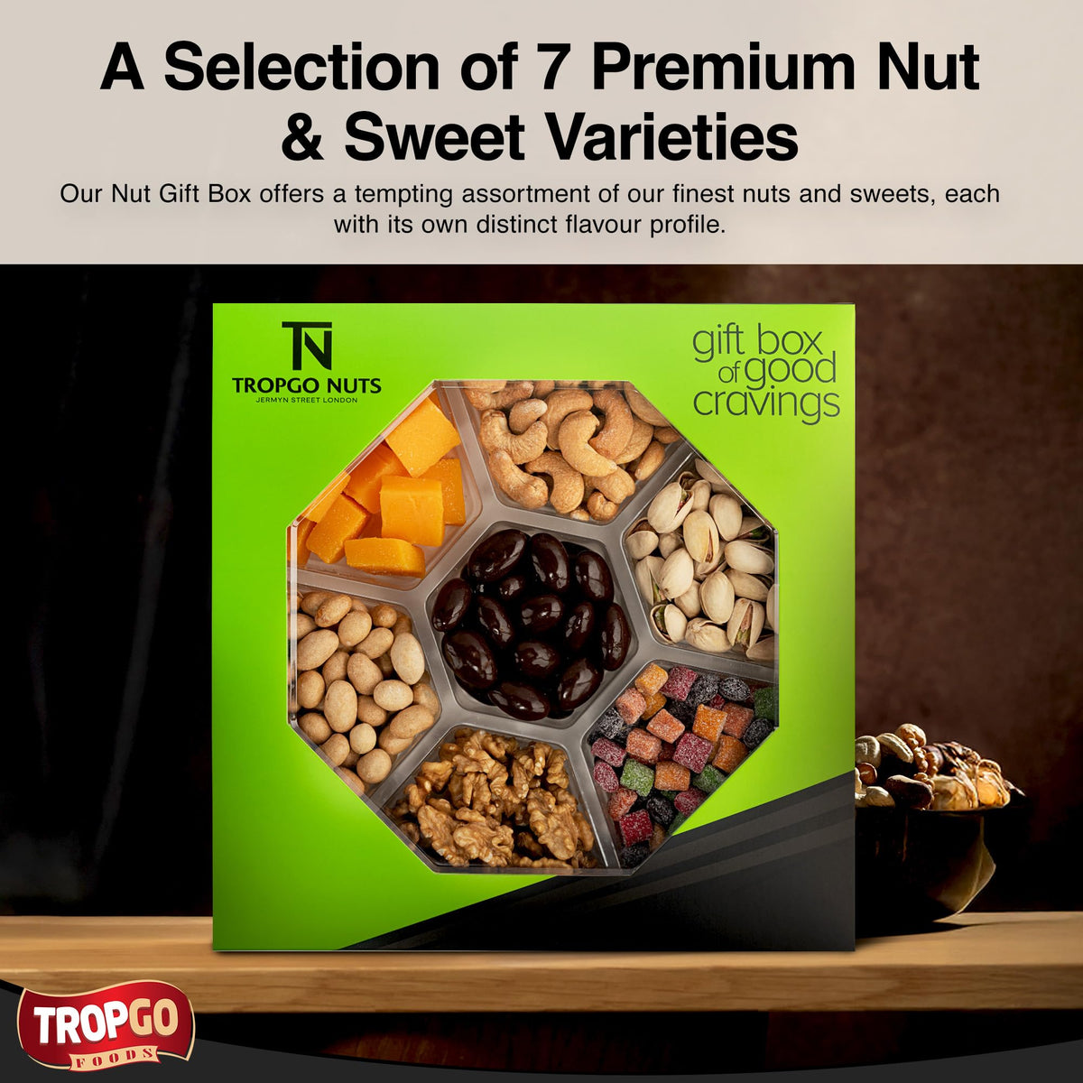 Tropgo 7 Sections Mixed Nuts & Chocolate Gift Box (Green) – Snack Gift with Pistachios, Cashews, Peanuts, Mango Mini Cubes & Bites, Walnuts & Chocolate Almonds