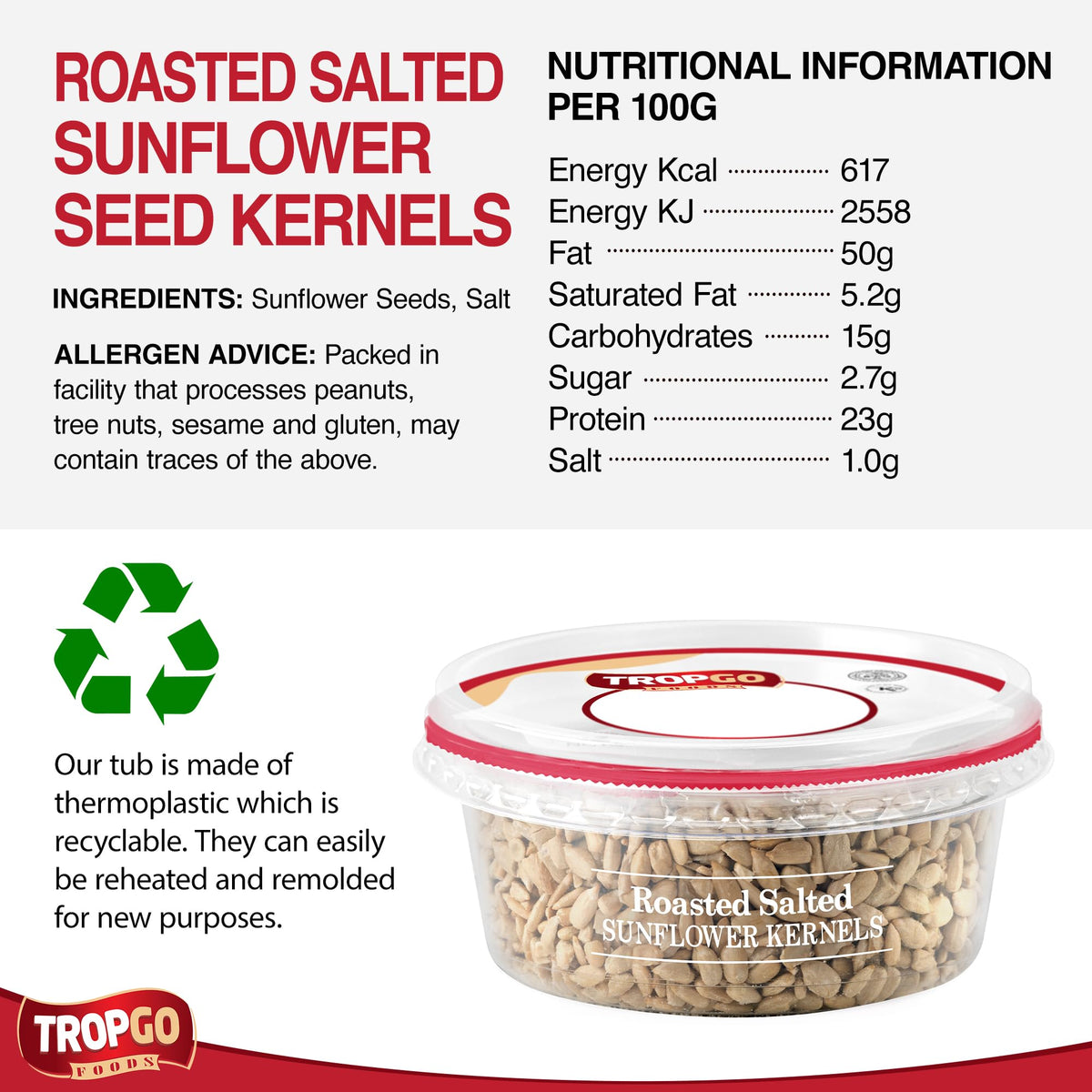 Tropgo Roasted Salted Sunflower Seed Kernels 125g Tub - Parent