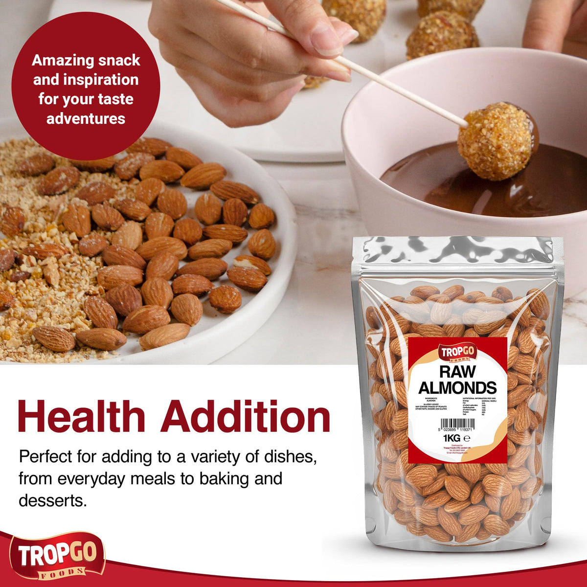 Tropgo Raw Almonds 1kg – Whole Natural Non-GMO Unsalted Nuts for Snacking, Baking and Cooking - Delicious, Plant-Based Protein - Almond Nuts in Resealable Bag