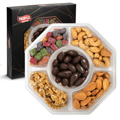 Tropgo 5 Sections Nuts and Sweets Gift Box - Gourmet Snack Box with Raw Walnuts, Raw Almonds, Mango Mini Cubes, Roasted Salted Cashews & Chocolate Almonds - Party Selection Gift Sets