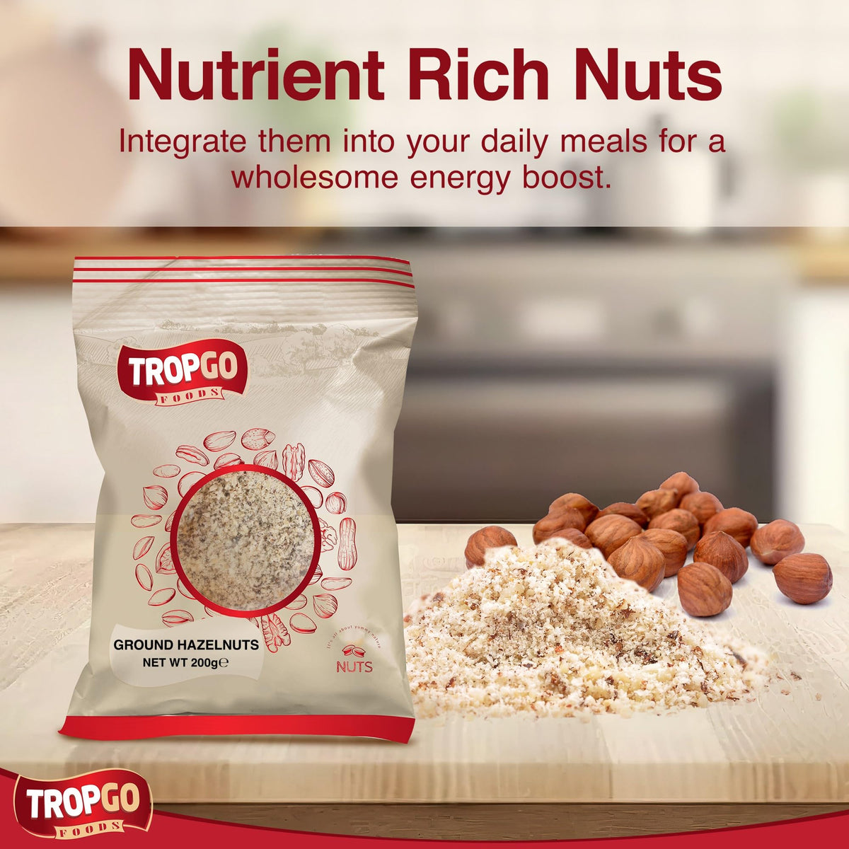 Tropgo Ground Hazelnuts 2 x 200g - Premium Hazelnuts in Resealable Bag - Healthy Snacks with Fibre, Protein, and Minerals - Kosher Hazelnuts Ideal for Cooking & Baking