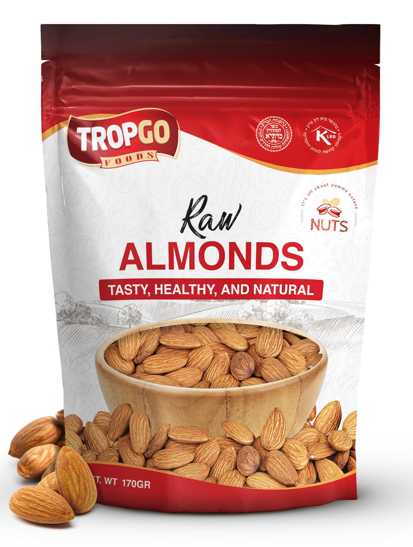 Tropgo Raw Almonds 170g – Whole Natural Non-GMO Unsalted Nuts for Snacking, Baking and Cooking - Delicious, Plant-Based Protein - Almond Nuts in Resealable Bag