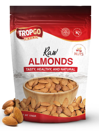 Tropgo Raw Almonds 170g – Whole Natural Non-GMO Unsalted Nuts for Snacking, Baking and Cooking - Delicious, Plant-Based Protein - Almond Nuts in Resealable Bag
