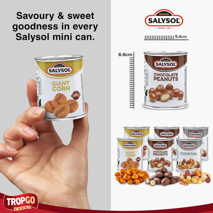 Salysol 6 Pack Mini Can Snack Variety – 2 BBQ Giant Corn 30g, 2 Chocolate Peanuts 50g, 2 Spicy BBQ Cocktail 50g – Gift Box Snack Set for Men and Women
