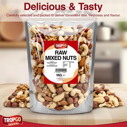 Tropgo Raw Mixed Nuts - 1kg Nut Snacks - Packed Fresh, Healthy Jumbo Nuts with Fibre, Protein, and Minerals - Perfect Snacking - Includes Almonds, Brazil Nuts, Cashews, Peanuts, Walnuts & Hazelnuts