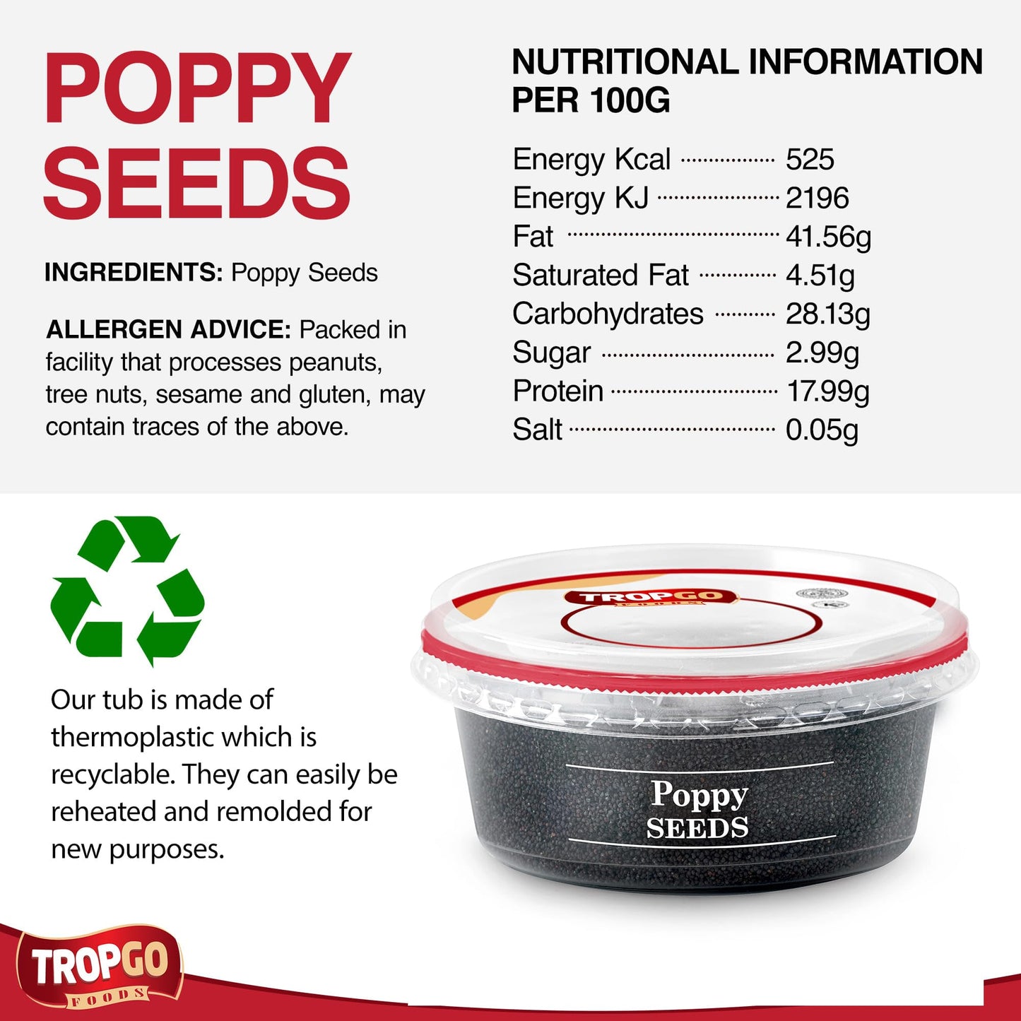 Tropgo Poppy Seeds 200g - Non-GMO, in Resealable and Recyclable Tub - Parent