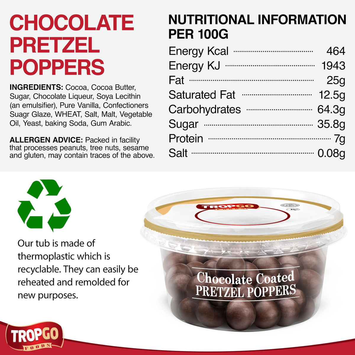 Tropgo Chocolate Coated Pretzel Poppers 150gm Chocolate Tub - Non-GMO Pretzels Coated in Chocolates - Ready-to-Eat Choco Snacks