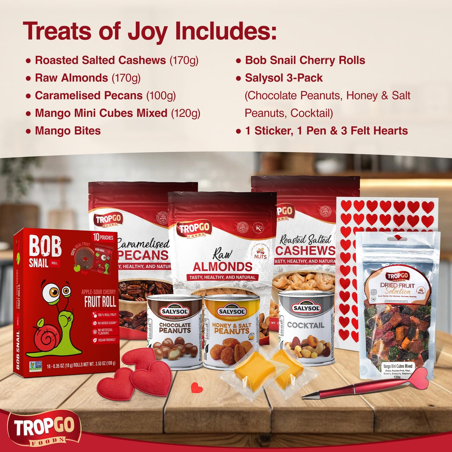 Tropgo Treats of Joy - Tasty Dried Fruit Snacks, Nut Selection Gift Box with Heart Sticker, Felts and Heart Pen - Roasted Nuts & Chocolate Gifts for Him and Her
