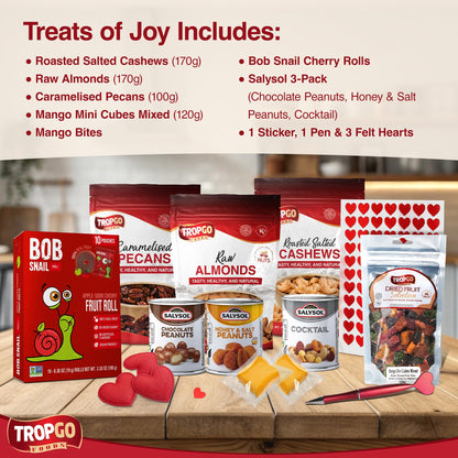 Tropgo Treats of Joy - Tasty Dried Fruit Snacks, Nut Selection Gift Box with Heart Sticker, Felts and Heart Pen - Roasted Nuts & Chocolate Gifts for Him and Her