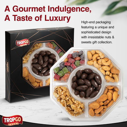 Tropgo 5 Sections Nuts and Sweets Gift Box - Gourmet Snack Box with Raw Walnuts, Raw Almonds, Mango Mini Cubes, Roasted Salted Cashews & Chocolate Almonds - Party Selection Gift Sets