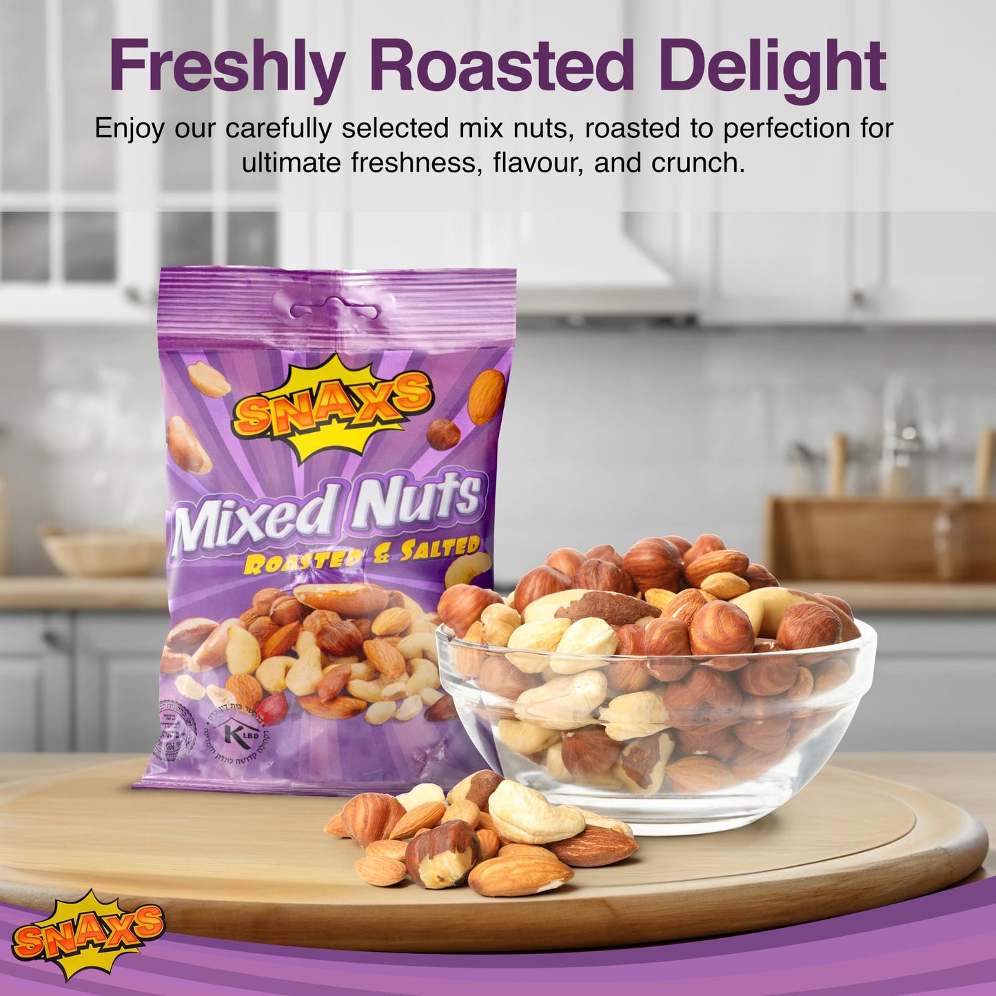 Snaxs Roasted Salted Mixed Nuts 12 x 40g - Almonds, Brazil, Cashews, Peanuts & Hazelnuts - Healthy Kosher Snack with Fibre, Protein & Minerals - Ideal for Snacking