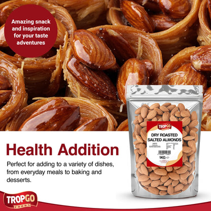 Tropgo Roasted Salted Almonds 1kg - Packed Fresh, Salted Almond Nuts with Fibre, Protein, and Minerals, Perfect for Snacking - Kosher Approved, Large Almonds - Bulk Food Buy